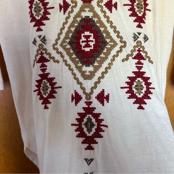 Johnny Was JW Los Angeles Cream Aztec Embroidered 3/4 Sleeve Tee Size Small - Picture 3 of 12